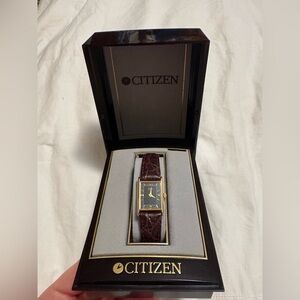 Citizen Men's Rectangular Gold-Tone Case Watch with Brown Leather Strap